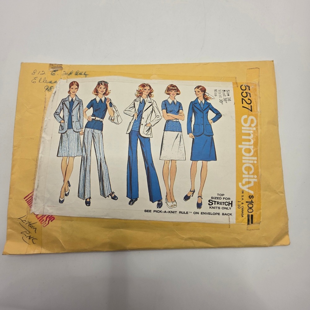 Simplicity 5527 Sewing Pattern 1970s Jacket Top Skirt Pants Size 16 Bust 38 70s